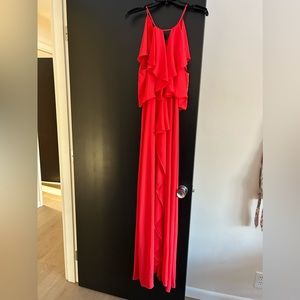 Beautiful bright coral BCBG long dress in ladies size small pretty ruffle detail